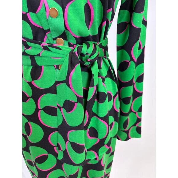 Diane Von Furstenberg Green Pink Geometric 100% Silk Long Sleeve Mini Dress Sz 2 - Picture 4 of 11